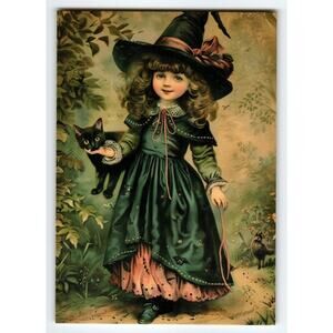 Vintage Halloween Photochrome Postcard Little Witch with Black Cat